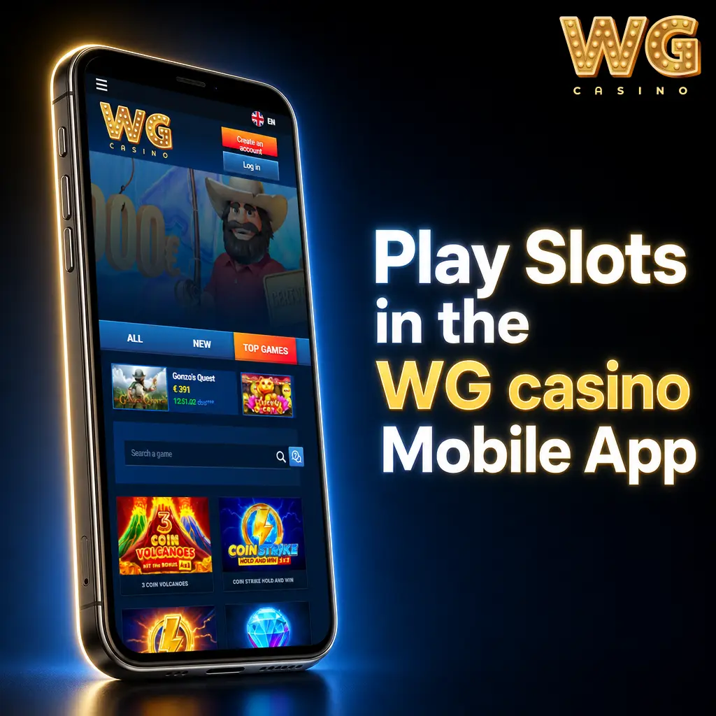 WG Casino mobile app slot lobby with casino, cashier and promotions tabs for quick spins on iOS and Android