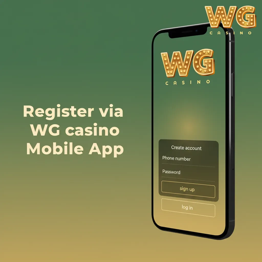 Phone showing WG casino app Register screen with method choices and Face ID/fingerprint sign-in options.