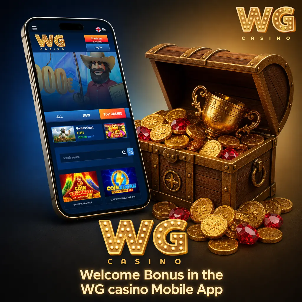WG Casino mobile app welcome bonus showing casino or sports bonus choice for new users
