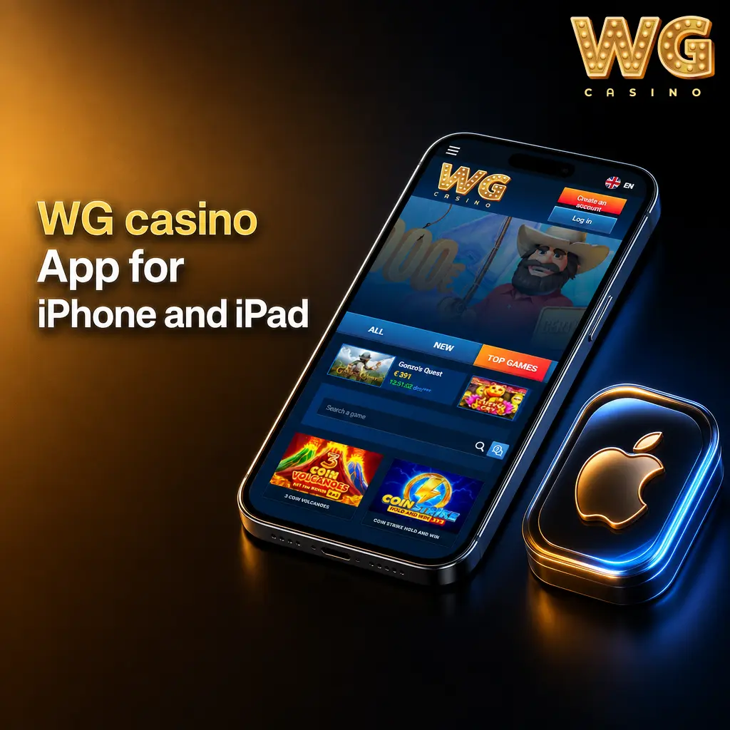 WG casino app on iPhone and iPad showing sportsbook, casino, bonuses, account settings and Cashier
