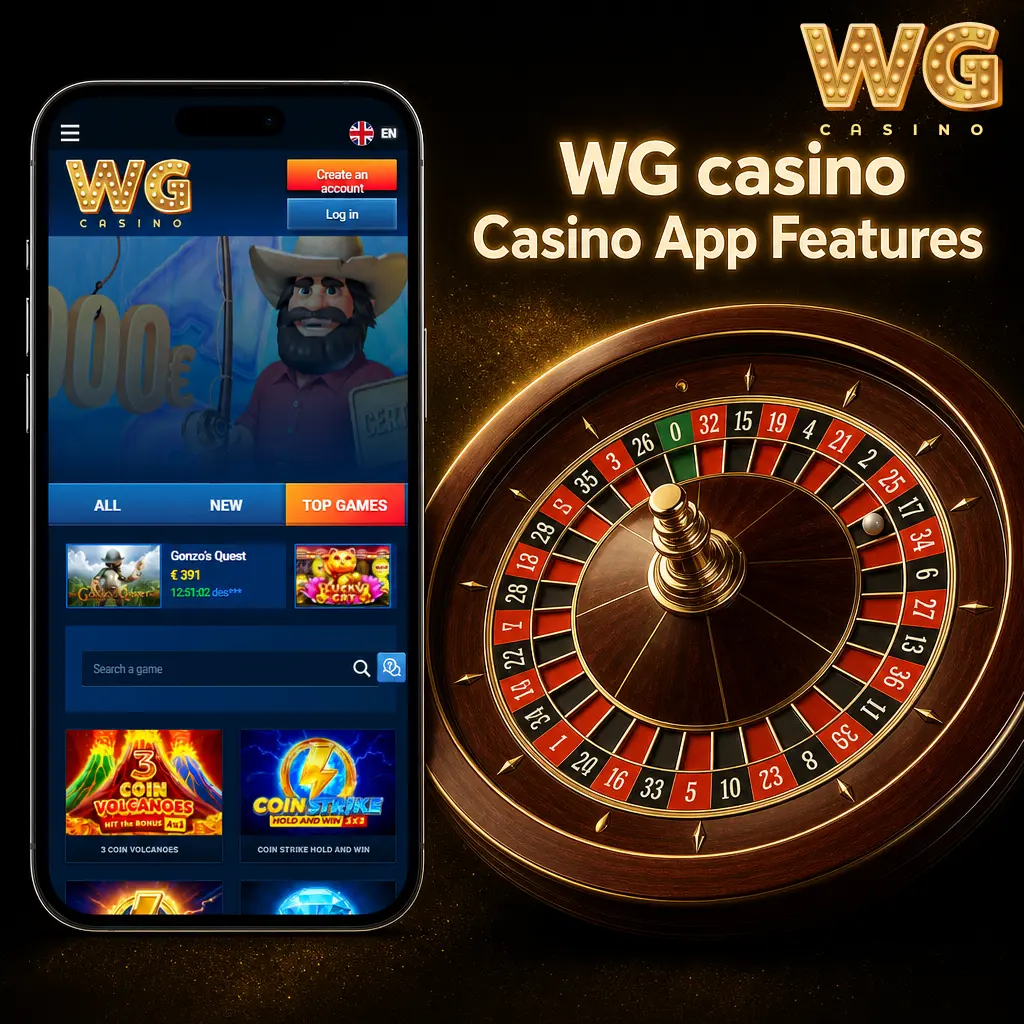WG casino app showing slots, live dealer tables, promotions and Cashier access on mobile
