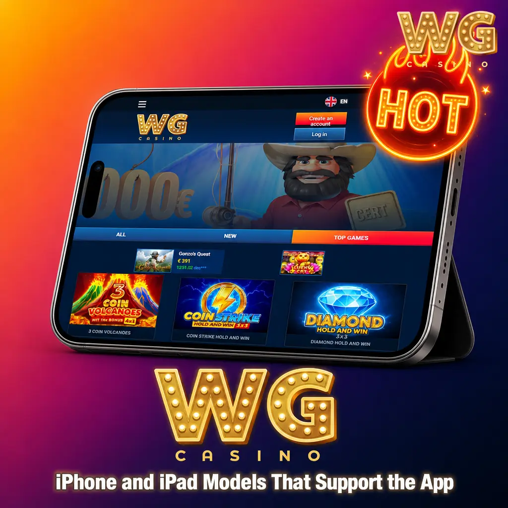iPhone and iPad models supporting the WG casino iOS app, requiring iOS 14 and 250 MB storage