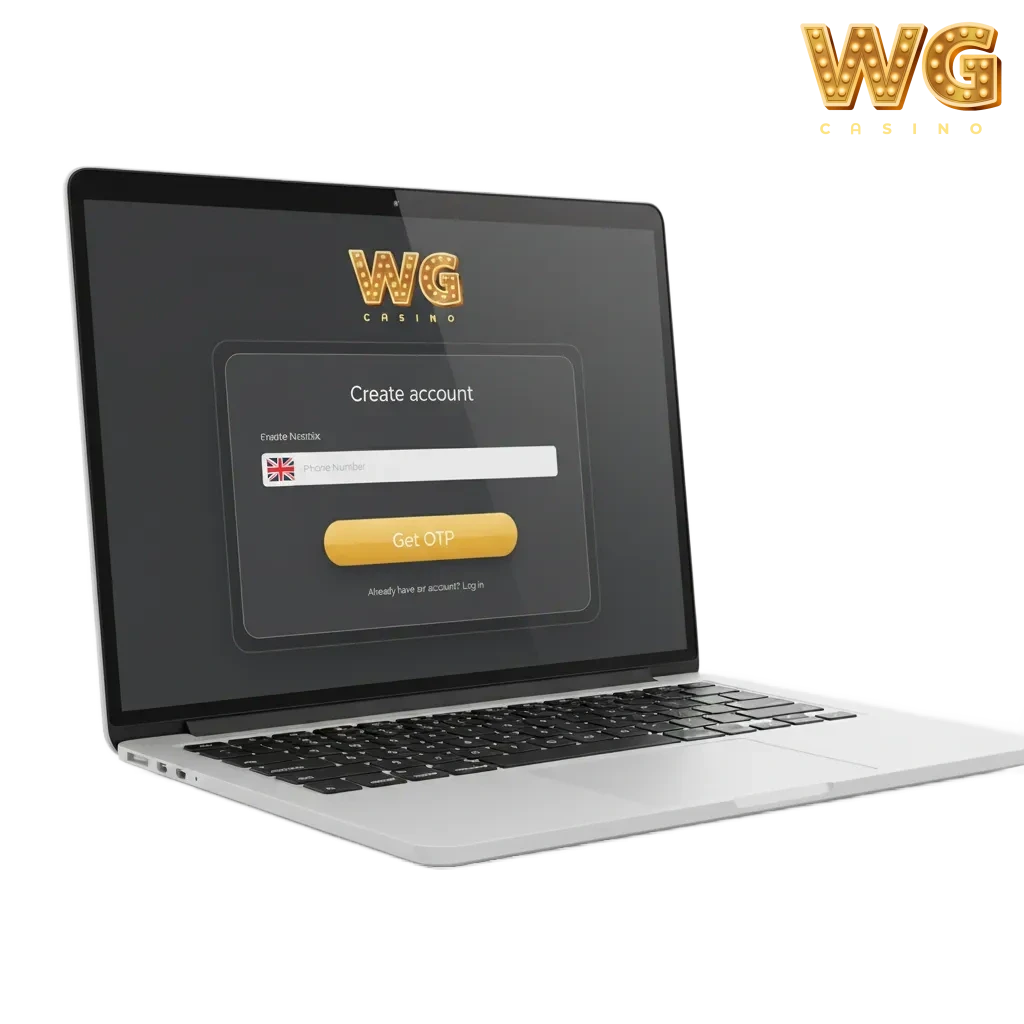 WG Casino UK registration page with one-click, phone, email, social signup and welcome bonus offers.