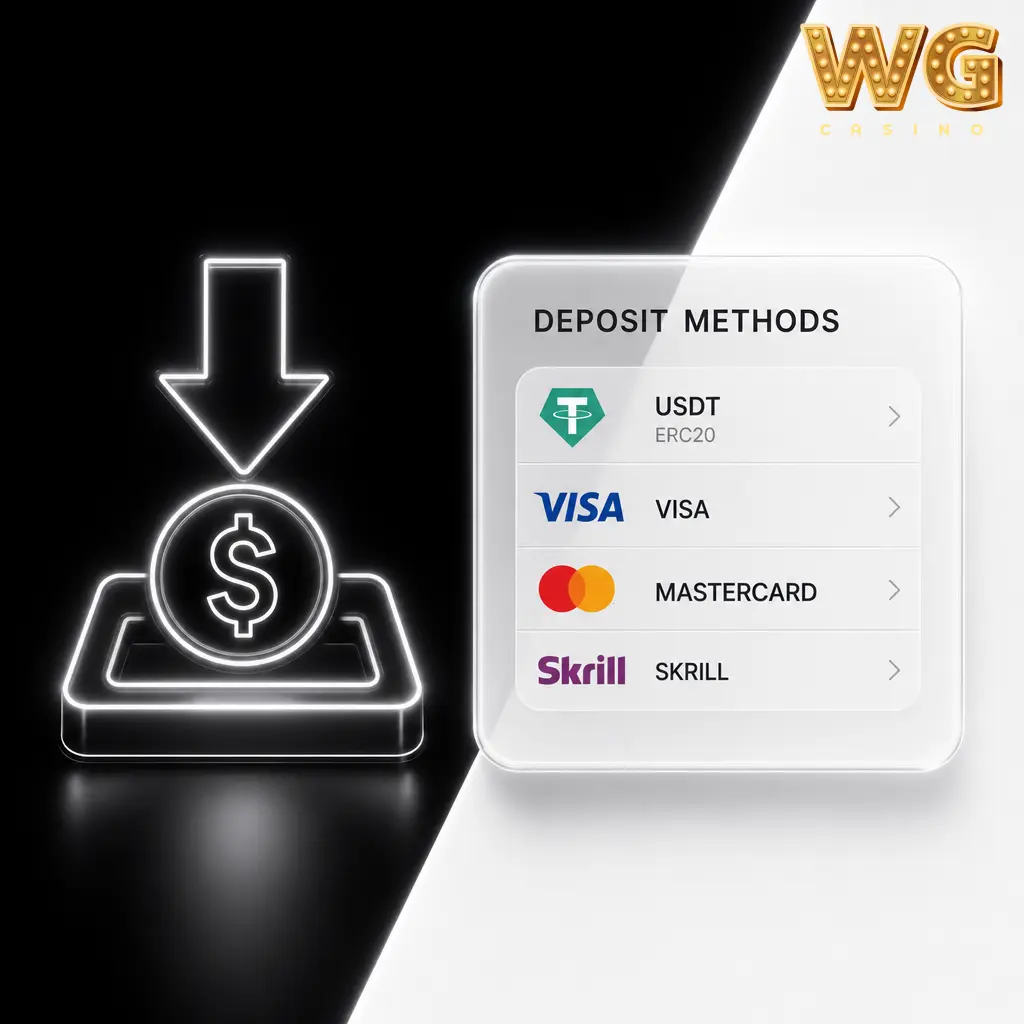 WG Casino deposit methods showing USDT ERC20, Visa debit and Mastercard debit for UK users