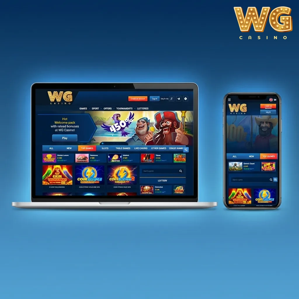 WG casino UI: tabs Sports, Live, Esports, Casino, Live Casino, Promo, App; bet slip right; support/payments/account links.