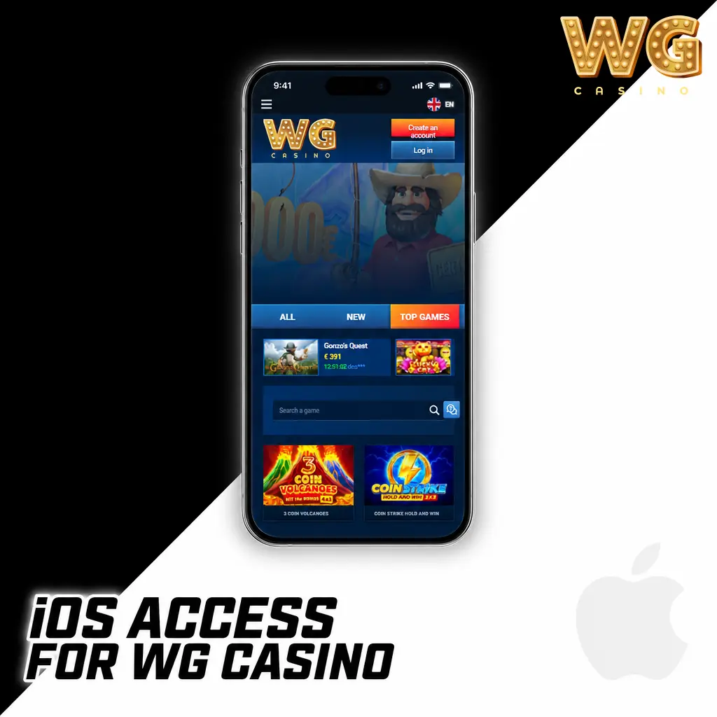 WG casino iOS access instructions with Download for iOS button and mobile browser shortcut option