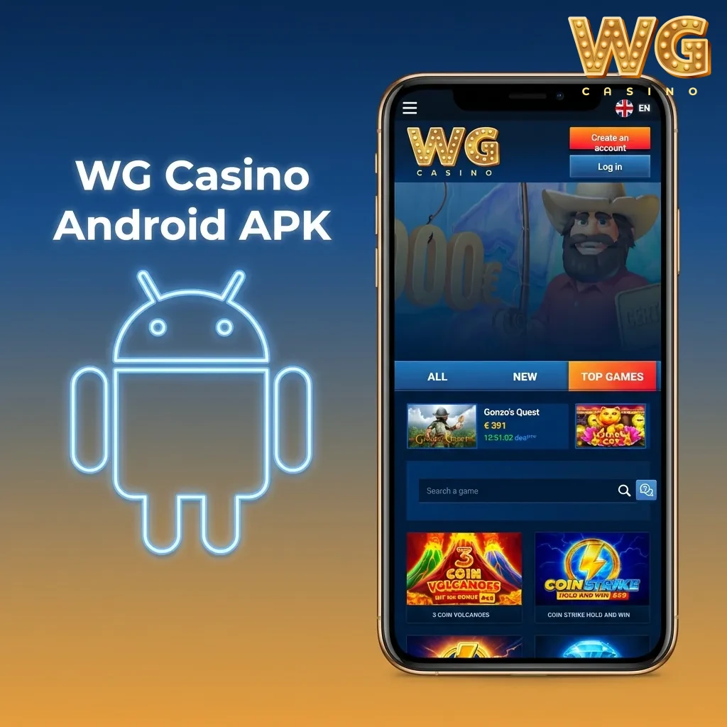 WG Casino Android APK install steps on smartphone: Android 8.0+, 100 MB, allow trusted sources, log in, deposit GBP, play.