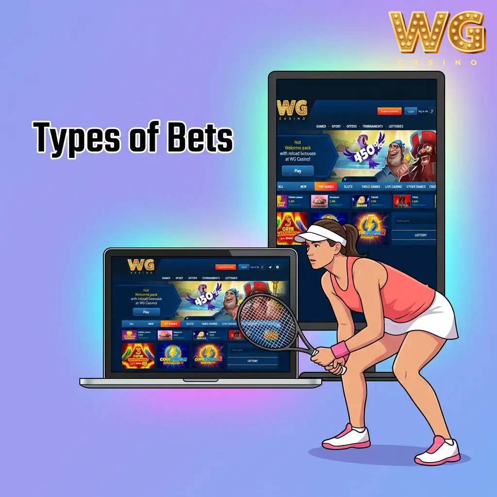 Types of bets infographic showing single, accumulator (parlay) and system formats with notes on risk and variance