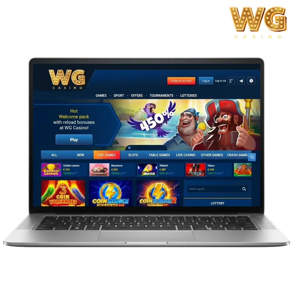 WG casino UK website showing sports betting, online casino games, live dealer tables, and mobile app with welcome bonus details